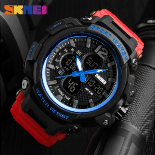 Годинник чоловічий Skmei 1343 Black-Blue-Red Wristband-0