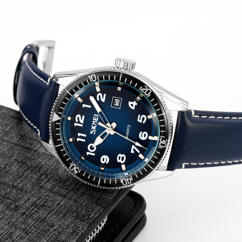 Часы мужские Skmei 9232LSIBU Silver-Blue-Leather Strap-2