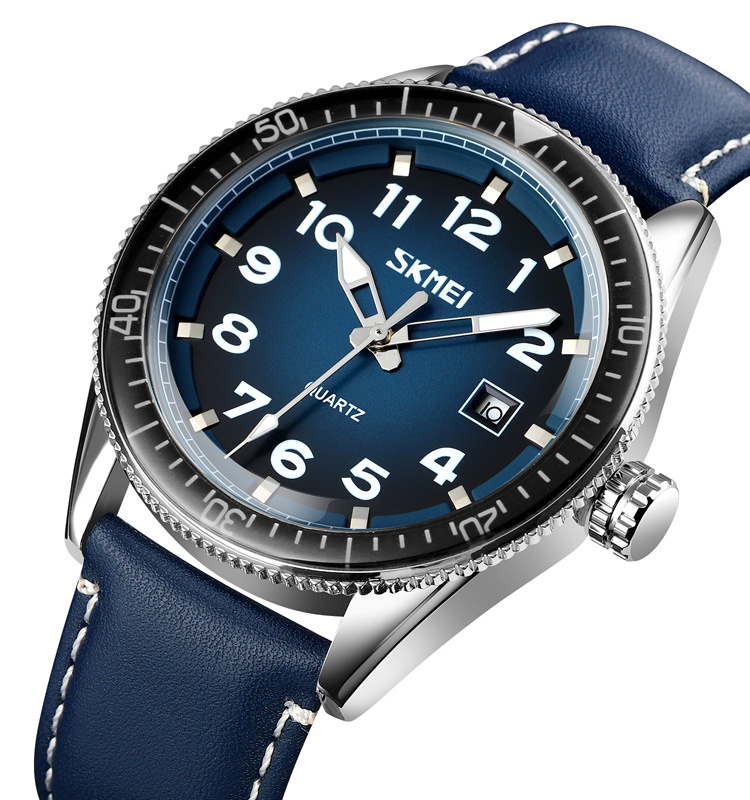 large Часы мужские Skmei 9232LSIBU Silver-Blue-Leather Strap 0