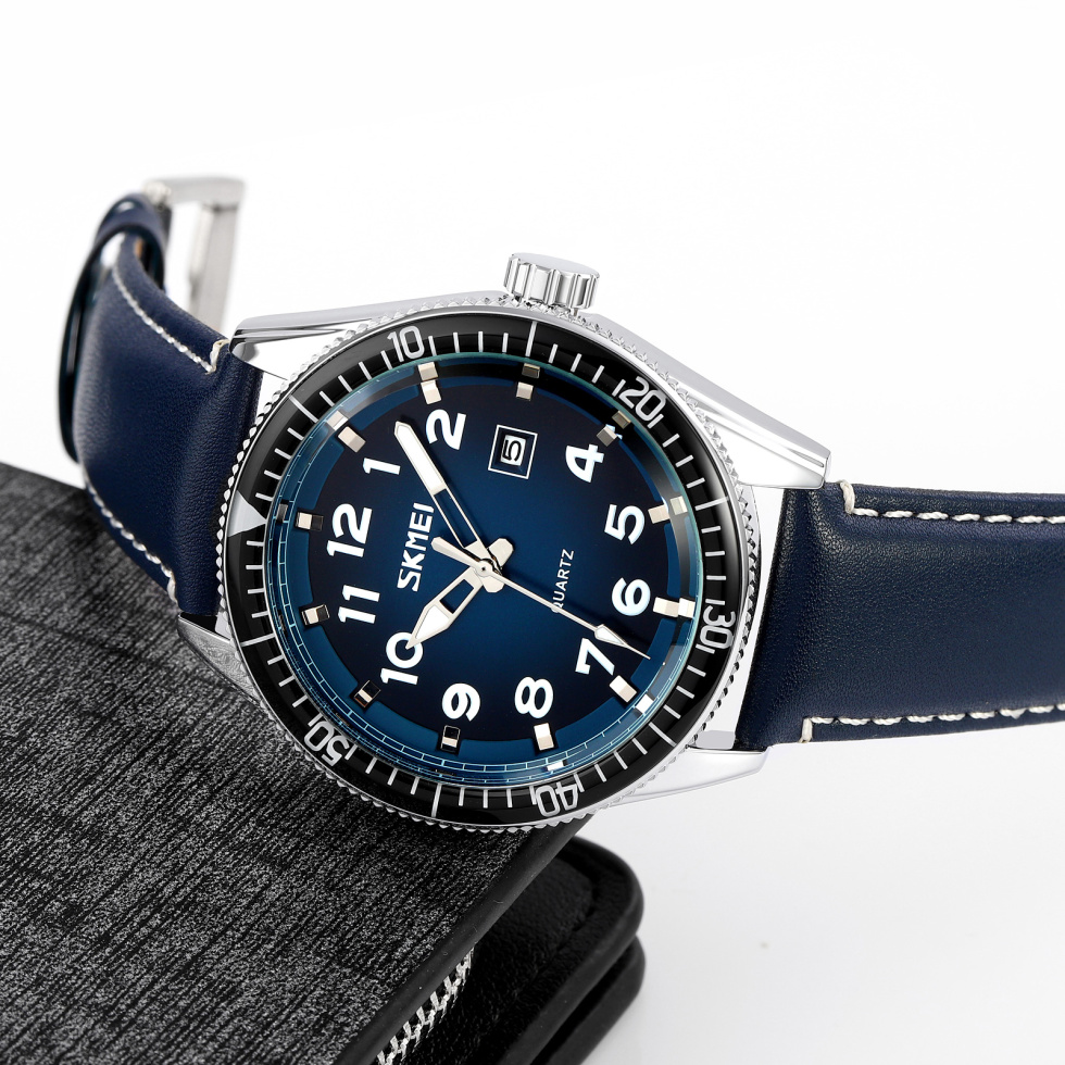 large Часы мужские Skmei 9232LSIBU Silver-Blue-Leather Strap 2
